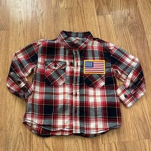 Plaid Kids Shirt upcycled  with American Flag Patch Size 3T